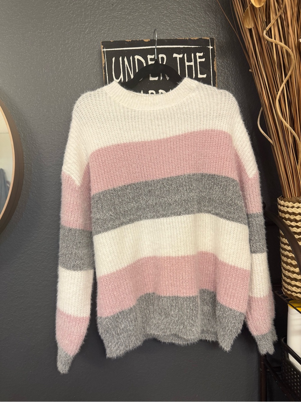 SHEIN Fuzzy Striped Crewneck Sweater in Pink, Gray & White 0XL